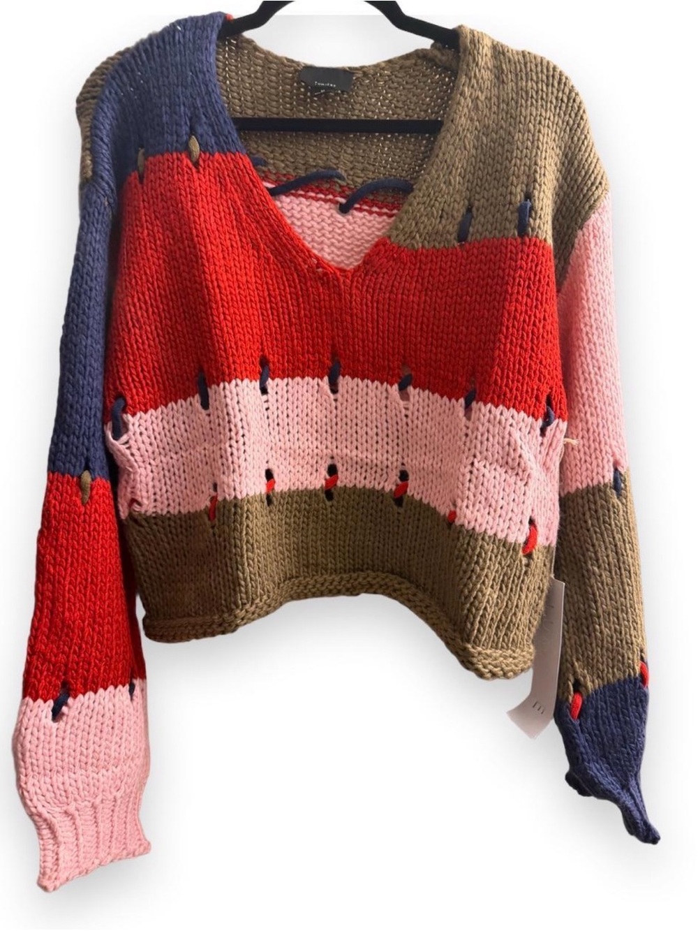 Lumiere Striped V-Neck Chunky Knit Sweater in Red, Pink, Olive & Navy